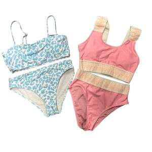 (LOT OF 2) SHEIN Tween Girl Bikini Swimwear Sz 12-13Y Blue Leopard‎ Pink Chevron